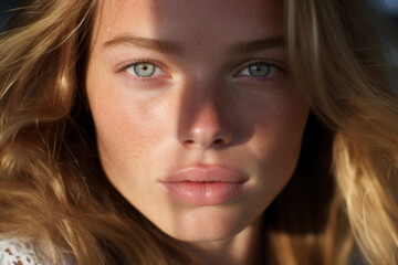 Intense close-up of a beautiful woman with a confident gaze, capturing her captivating presence