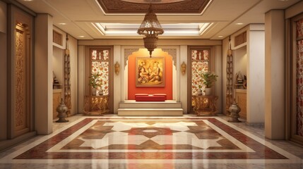 A sacred space with a stunning false ceiling in a traditional pooja room, radiating an aura of spirituality and craftsmanship. - obrazy, fototapety, plakaty