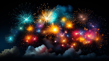 Fototapeta premium Festive firework rockets bursting in big sparkling star balls poster with black background abstract illustration