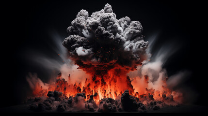 Fiery bomb explosion with sparks isolated on black background