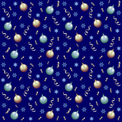 Christmas and New Year seamless pattern on a blue background with snowflakes. Silver and gold christmas balls and serpentine. Vector illustration. For holiday decor, wrapping, textile, backgrounds. 