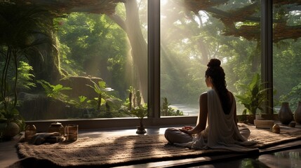 A secluded meditation space surrounded by lush greenery, inviting introspection and connection with Krishna.