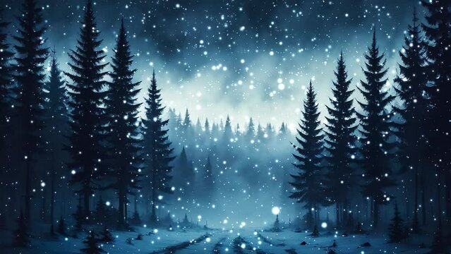 Wild landscape of winter nature at dusk with white particles of snow falling