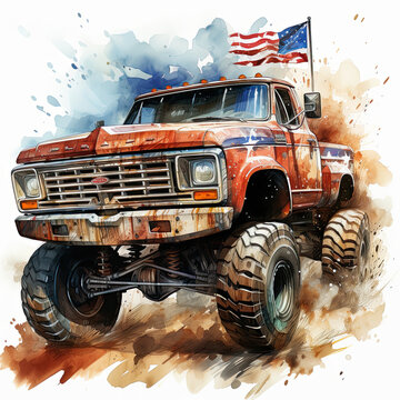 Watercolor monster truck jumping with american, Generative Ai