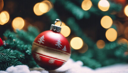 A red Christmas tree ball on a Christmas tree.