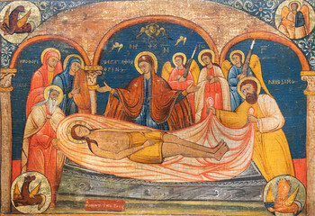 Lamentation of Christ. 18th/19th century, by an unknown Greek painter, Jerusalem pilgrimage icon....