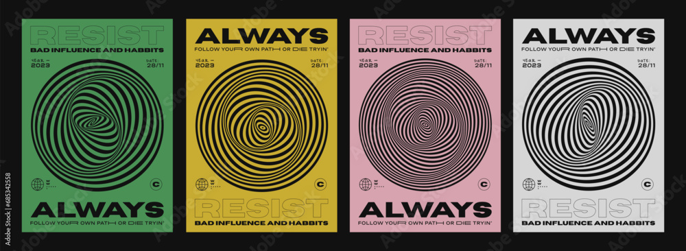 Poster set of cool optical illusion circle shape posters. collection of abstract geometric elements. modern