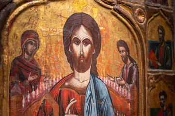 Alter table icon Deesis with apostles. 17th century, by an unknown Serbian painter. The Žitomislić Monastery, Bosnia and Herzegovina. 03 Jul 2023.