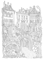 Fairy tale Dragon underground shelter in the old medieval town cave, bedroom grotto. Adults coloring book page