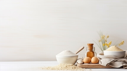 Fototapeta na wymiar Cooking and baking ingredients utensils on ligh background. Lactose and gluten free. Long banner format. place for text.