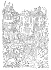 Fairy tale Dragon in the old medieval grotto, safe underground cave shelter with library. Adults coloring book page