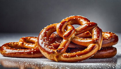 close up shot of Freshly baked homemade soft pretzel on rustic table - obrazy, fototapety, plakaty