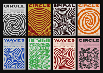 Set Of Cool Abstract Striped Optical Illusion Posters. Collection Of Geometric Shape Placards. Swiss Design Retro Wave Texture.