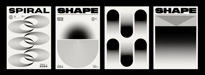 Set Of Cool Abstract Geometric Posters. Brutalist Halftone Shape Vector Design. Retro Geometrical Placard. Textured Shapes.