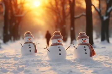 Many cute snowmen on the street in a winter landscape.