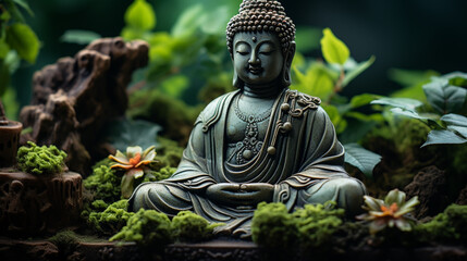 buddha statue on a rock in a blurred green bamboo jungle with smooth water surface, fresh natural...