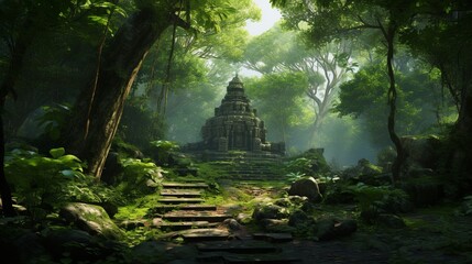 A serene, lush forest with a hidden shrine dedicated to Hanuman. - obrazy, fototapety, plakaty
