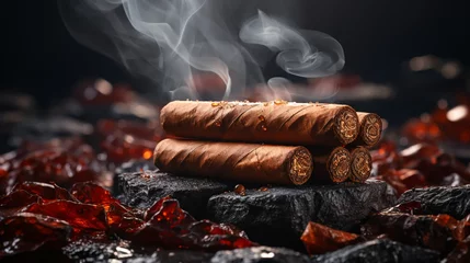 Fototapeten Cuban cigars with leaves on a black stone table. Top view. Free space for your text. © alexkich