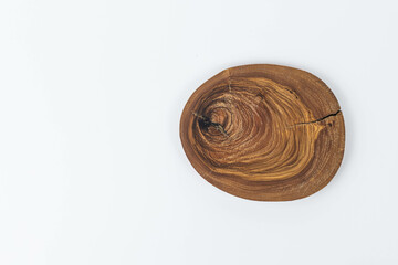 wooden piece isolated on white background for cosmetic products or food, mockup. Top view