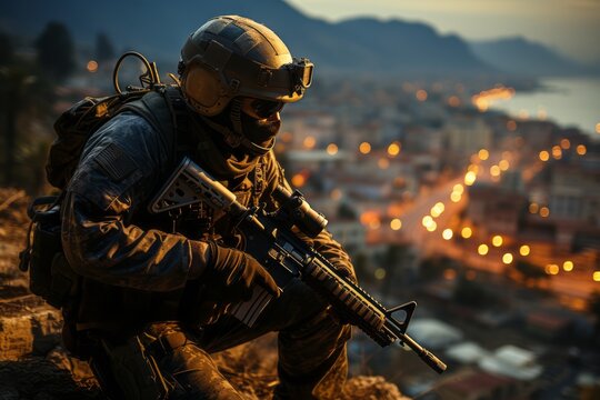 Sniper fighter guards the city at night
