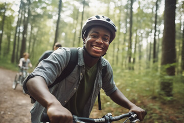 Fototapeta premium A young dark-skinned guy rides a bicycle in the forest or park