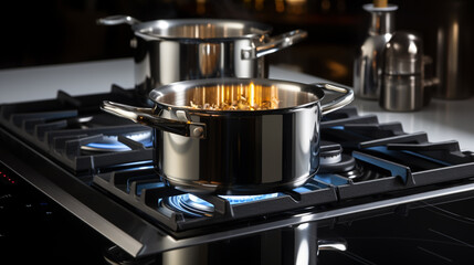 pot on gas stove, stainless pan on the hob, cooking on a gas stove, the cost of gas in Europe