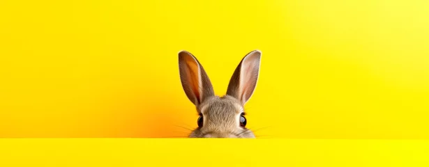 Fotobehang funny rabbit g peeping from behind a vibrant yellow  block, easter bunny concept, horizontal wallpaper banner or card large copy space for text. © XC Stock