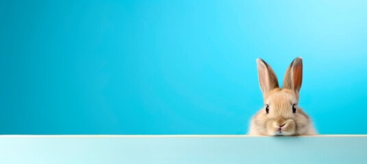Fototapeta na wymiar funny rabbit g peeping from behind a vibrant blue block, easter bunny concept, horizontal wallpaper banner or card large copy space for text.