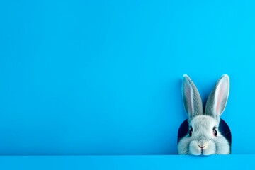 funny rabbit g peeping from behind a vibrant blue block, easter bunny concept, horizontal wallpaper banner or card large copy space for text. - obrazy, fototapety, plakaty