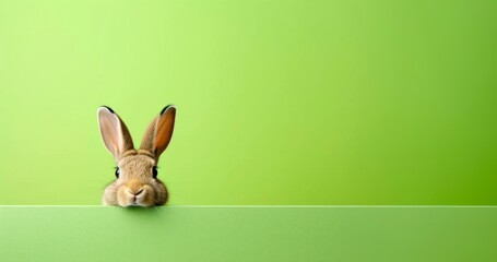 funny rabbit g peeping from behind a vibrant green block, easter bunny concept, horizontal wallpaper banner or card large copy space for text.