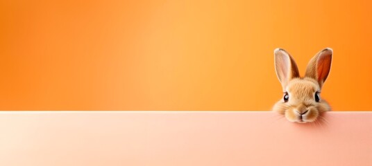 funny rabbit g peeping from behind a vibrant orange  block, easter bunny concept, horizontal wallpaper banner or card large copy space for text.
