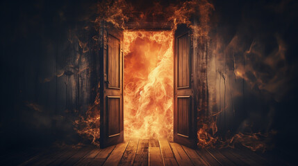 Fototapeta na wymiar Corridor of a residential building in a flame of fire