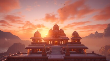 A serene sunrise over a Hanuman temple, casting a warm orange hue. - obrazy, fototapety, plakaty