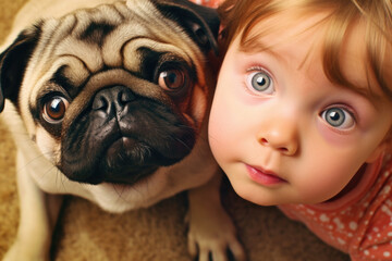 Fototapeta na wymiar Child with a dog, colorful and sunny