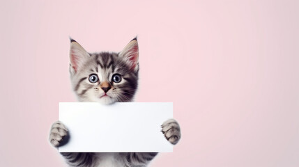 funny pet cat showing a placard isolated on white background blank web banner template and copy space - Powered by Adobe