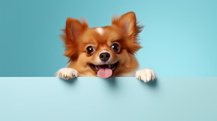 Cute Puppy with paws over white sign.