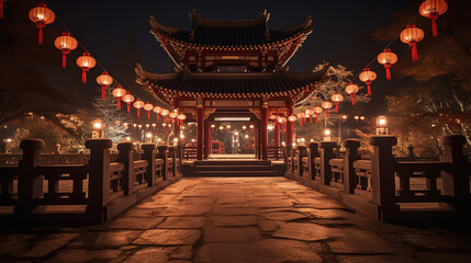 Many red chinese lanterns in the city