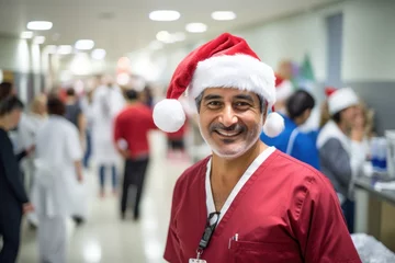 Fotobehang Portrait of a male doctor with christmas hat in hospital © Vorda Berge