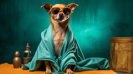 Funny dog photograpy cute spa Day laying bed relax beauty mask