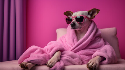 Funny dog photograpy cute spa Day laying bed relax beauty mask - obrazy, fototapety, plakaty