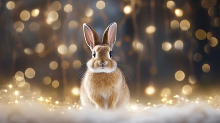  a rabbit sitting in the snow in front of a blurry background of boke of lights and snowflakes.