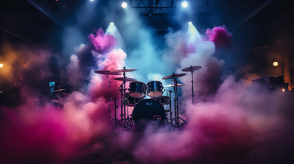 Drum kit on stage in the spotlight color