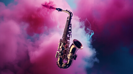 Golden shiny alto saxophone on black background with smoke. copy space - obrazy, fototapety, plakaty