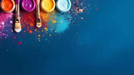 Blank canvas with oil paint and brush flat lay. Professional painter workplace flat lay. Artist's equipment assortment background. Drawing lessons, art school, young painter, creativity, DIY concept