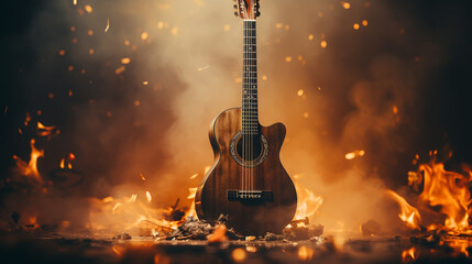 Classical guitar close up, dramatically lit on a black background with copy space - Powered by Adobe