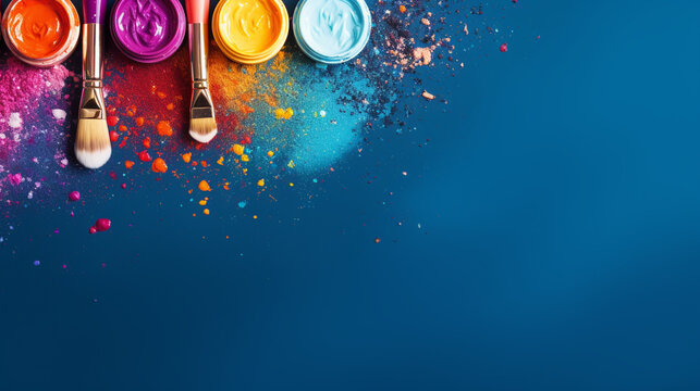 Blank canvas with oil paint and brush flat lay. Professional painter workplace flat lay. Artist's equipment assortment background. Drawing lessons, art school, young painter, creativity, DIY concept