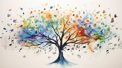 watercolor illustration of tree with musical notes for audio media concepts and designs musical...