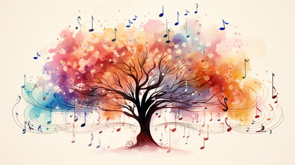 watercolor illustration of tree with musical notes for audio media concepts and designs musical...