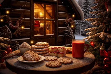 Tuinposter Mug of hot chocolate or cocoa with Christmas cookies © evgenia_lo