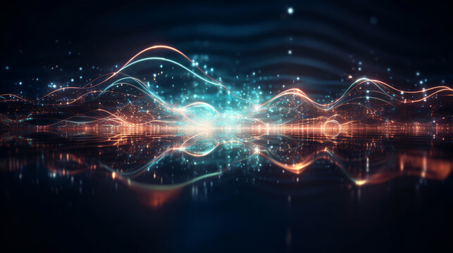 Abstract wave flow. Sound oscillation design. Flowing particles.